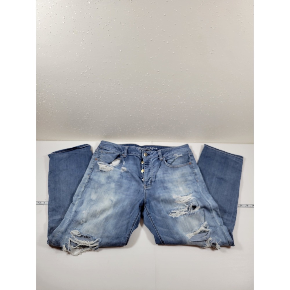 American Eagle Tomgirl Jeans Womens 14‎ Blue Excellent Distressed Super Stretch